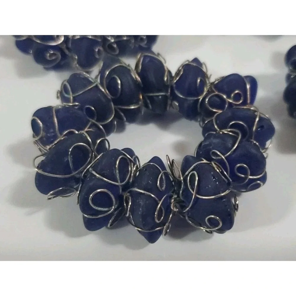 Vintage‎ Blue Stone and Wire Napkin Rings set of 6 Abstract Bohemian Summer Fall